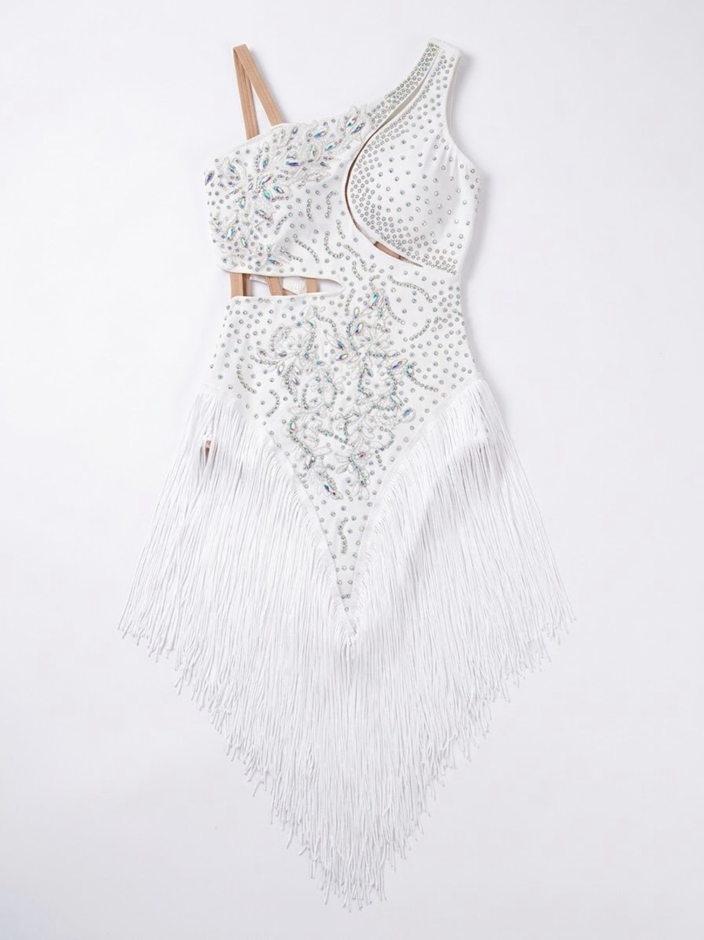 White Rhinestone Fringe Latin Jazz Dance Costume Leotard Dress Size M